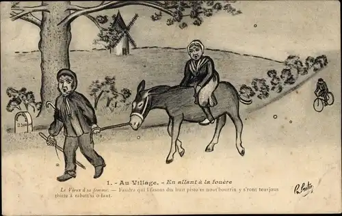 Künstler Ak Au Village, en allant a la fouere, le vieux a sa femme