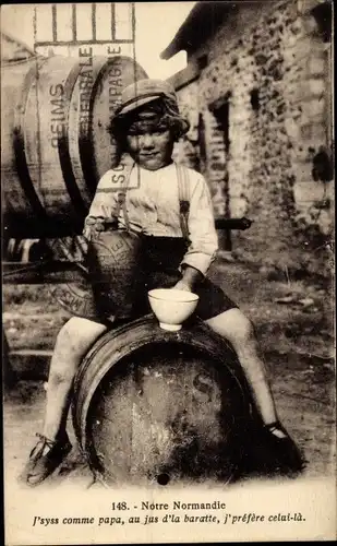 Ak Notre Normandie, Junge sitzt auf einem Weinfass