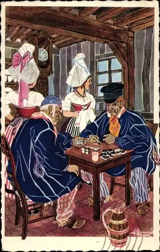 Künstler Ak En Parcourant la Normandie, la partie de Dominos