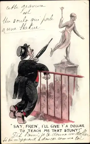 Ak Betrunkener Mann betrachtet eine Hermes Plastik