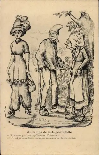 Künstler Ak Au temps de Jupe Culotte, französische Trachten, Frau in Hosen