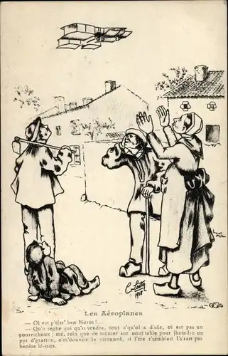 Künstler Ak Les Aeroplanes, Flugzeug, französische Trachten
