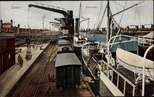 Ak Szczecin Stettin Pommern, Freihafen, Kräne, Güterwaggons