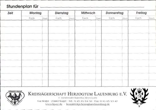 Stundenplan Kreisjägerschaft Herzogtum-Lauenburg e.V., Hase, Dachs, Fuchs um 1990