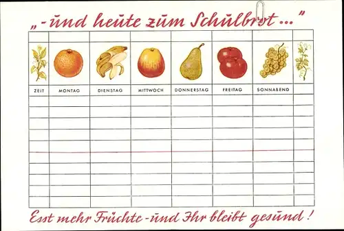 Stundenplan Esst mehr Früchte, Bananenbrot Apfelsine Apfel um 1970