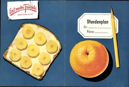Stundenplan Esst mehr Früchte, Bananenbrot Apfelsine Apfel um 1970