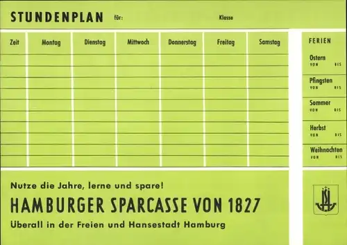 Stundenplan Hambuger Sparkasse von 1827, Bäume und Sträucher um 1960