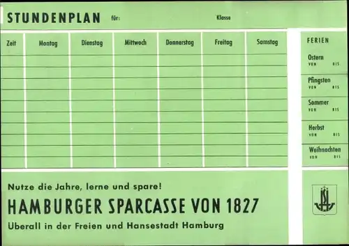 Stundenplan Hambuger Sparkasse von 1827, Bäume und Sträucher um 1960