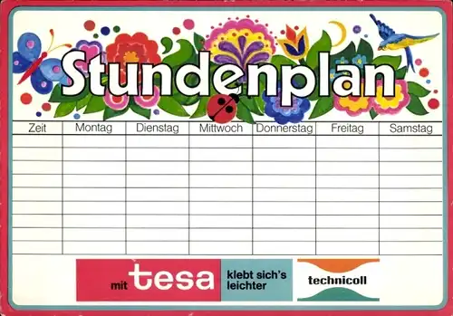 Stundenplan TESA tesafilm, tesaband, technicoll-Kleber, mit tesa klebt sich`s leichter um 1970