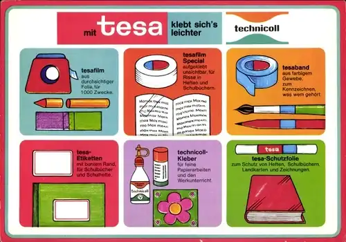 Stundenplan TESA tesafilm, tesaband, technicoll-Kleber, mit tesa klebt sich`s leichter um 1970