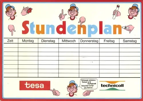 Stundenplan TESA tesafilm, tesaband, technicoll-Kleber, mit tesa klebt sich`s leichter um 1970