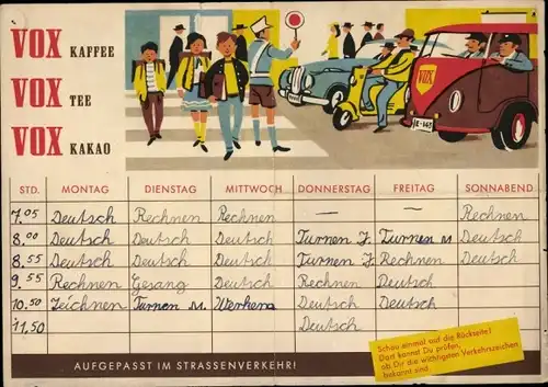 Stundenplan VOX Kaffee, Tee und Kakao, Aufgepasst im Straßenverkehr um 1960