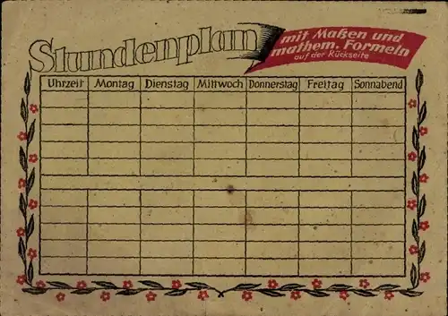Stundenplan mit Maßen und mathematischen Formeln um 1970