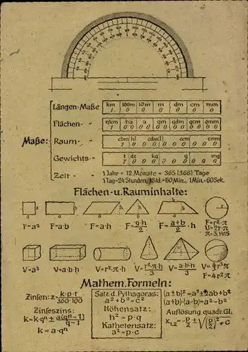 Stundenplan mit Maßen und mathematischen Formeln um 1970