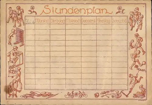 Stundenplan klassisch, Kinder beim Sport und in der Schule um 1930