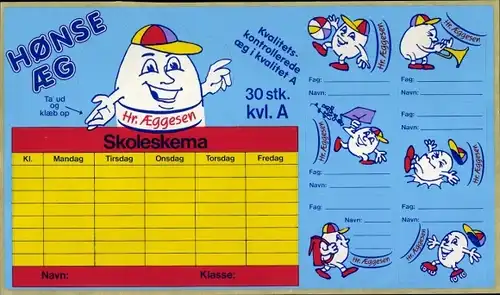 Stundenplan Honse Eier, Dänemark, Eiermann, Aufkleber um 1970
