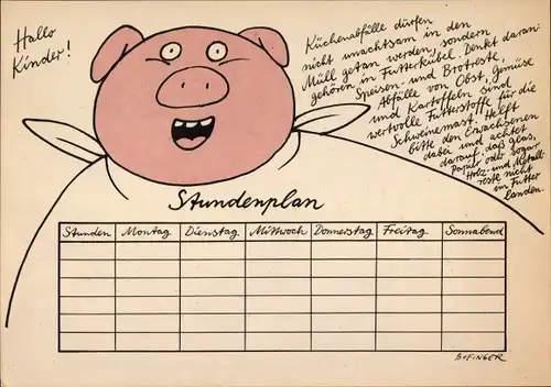 Stundenplan DDR Künstler Bofinger, Küchenabfälle für Schweine, Ausmalbogen