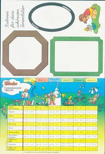 Stundenplan Bimbo Ferienübersicht 1984/85, Rahmen für Ferienbilder um 1985