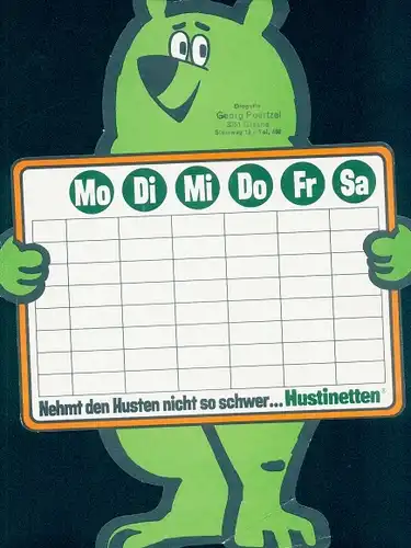 Stundenplan Hustinetten Bonbon, Werbefigur Bär mit Schild um 1980