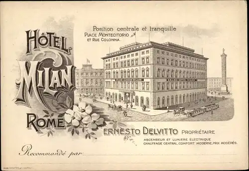 Stadtplan Ak Roma Rom Lazio, Hotel Milan, Place Montecitorio, Rue Colonna, Propr. Ernesto Delvitto