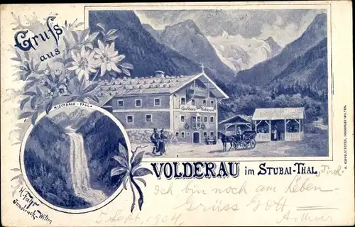 Ak Volderau Neustift im Stubaital Tirol, Gasthaus Volderau, Mischbachfälle