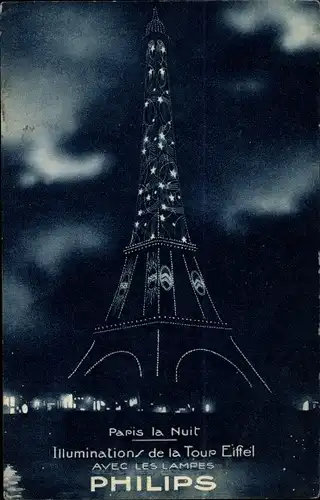 Ak Paris la Nuit, Illuminations de la Tour Eifel avec les Lampes Philips