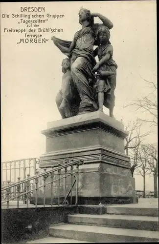 Ak Dresden Altstadt, Freitreppe der Brühlschen Terrasse, Die Schillingschen Gruppen Tageszeiten