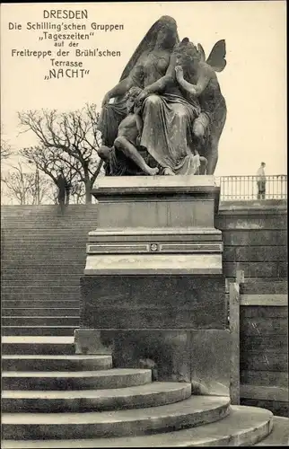 Ak Dresden Altstadt, Freitreppe der Brühlschen Terrasse, Die Schillingschen Gruppen Tageszeiten