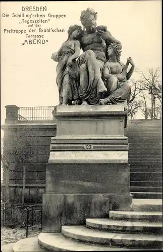 Ak Dresden Altstadt, Freitreppe der Brühlschen Terrasse, Die Schillingschen Gruppen Tageszeiten