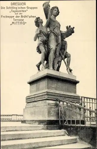 Ak Dresden Altstadt, Freitreppe der Brühlschen Terrasse, Die Schillingschen Gruppen Tageszeiten