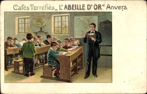 Litho Kinder in der Schule, Lehrer, Tafel, Reklame Cafe Torrefies L'Abeille d'Or, Anvers
