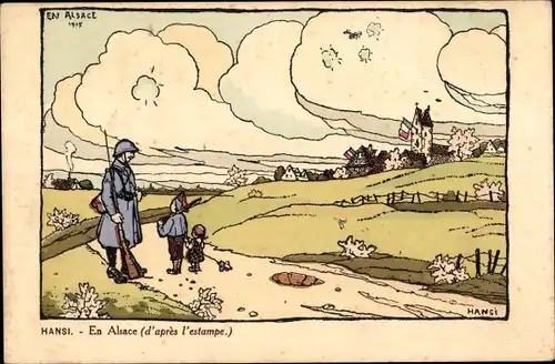 Künstler Ak Hansi, En Alsace, französischer Soldat, Kinder