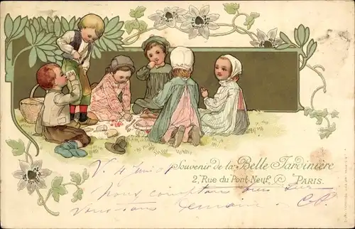Litho Kinder beim Picknick, Reklame, Belle Jardiniere, Paris