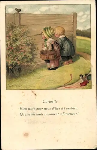 Künstler Ak Ebner, Pauli, Kinder schauen durch einen Zaun