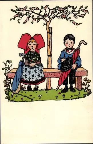 Künstler Ak Hansi, Jean Jacques Waltz, Elsässer Kinder in Trachten