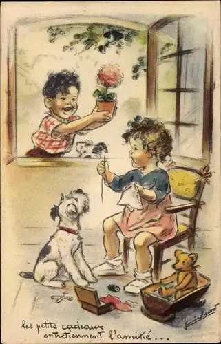 Künstler Ak Bouret, Germaine, Nähendes Mädchen, Hund, Junge mit Topfpflanze
