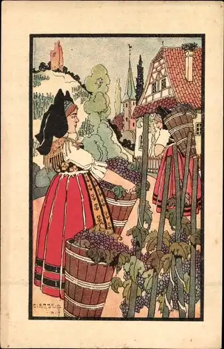 Künstler Ak Vincent, Pierre, Frauen in Elsässer Trachten bei der Weinlese