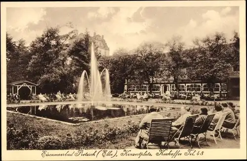 Ak Pretzsch an der Elbe Bad Schmiedeberg, Eisenmoorbad, Konzertplatz Kurkaffee, Springbrunnen