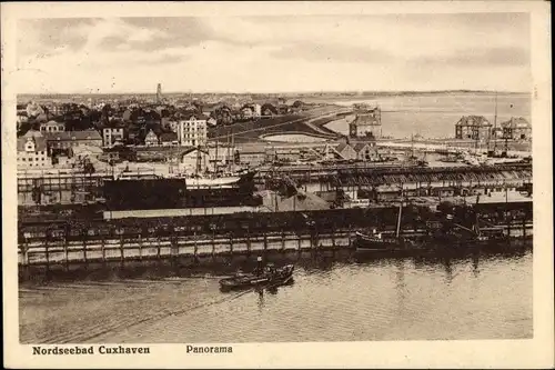 Ak Nordseebad Cuxhaven, Panoramablick auf den Ort mit Dampfer