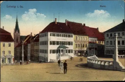Ak Leisnig in Sachsen, Markt, Passanten, Kirchturm