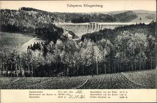 Ak Klingenberg Sachsen, Talsperre, Maßangaben