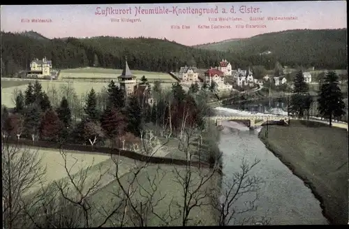 Ak Knottengrund Neumühle an der Elster, Villa Wadesruh, Villa Else, Kaffee Edelweiss, Panorama