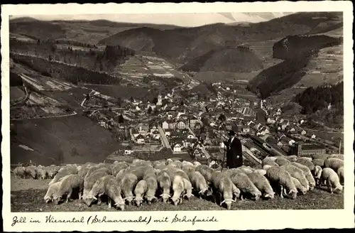 Ak Zell im Wiesental, Panorama mit Schafweide, Hirte