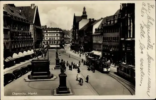 Ak Chemnitz in Sachsen, Markt, Denkmal, Straßenbahn