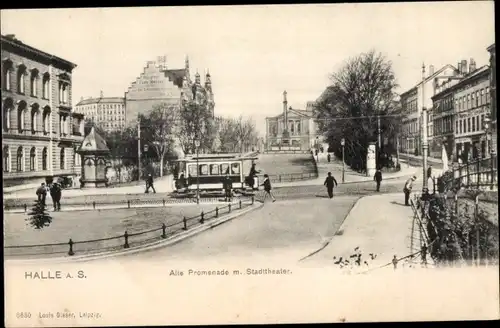 Ak Halle an der Saale, alte Promenade mit Stadttheater, Straßenbahn
