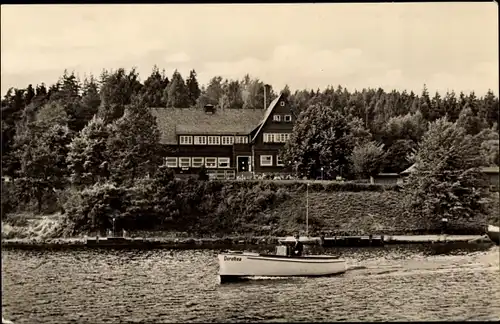 Ak Kriebstein Sachsen, Zschopau Talsperre, HO-Großgaststätte, Boot Dorothea