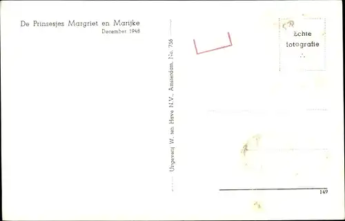 Ak Prinzessin Martgriet und Marijke der Niederlande, Dezember 1948