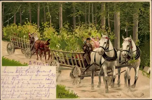 Künstler Litho Mailick, Alfred, Glückwunsch Pfingsten, geschmückte Pferdewagen