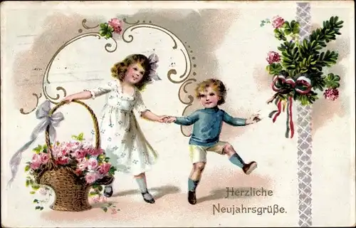 Ak Glückwunsch Neujahr, Kinder, Blumenkorb, Tannenzweig