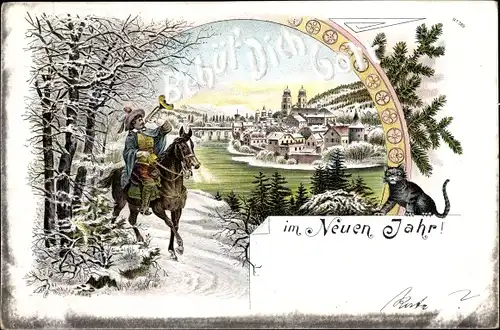 Litho Bad Säckingen am Hochrhein Kreis Waldshut, Trompeter, Behüt' Dich Gott, Stadt, Neujahrsgruss